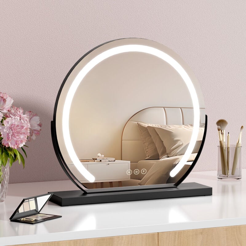 S'AFIELINA Miroir de maquillage rond avec éclairage LED et interrupteur tactile, 3 couleurs de lumière, fonction mémoire, cadre noir, Φ50cm