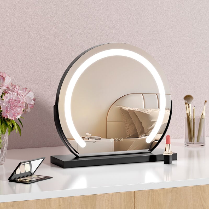 Miroir de maquillage rond avec éclairage led et interrupteur tactile, 3 couleurs de lumière, fonction mémoire, cadre noir, Φ40cm - S'afielina