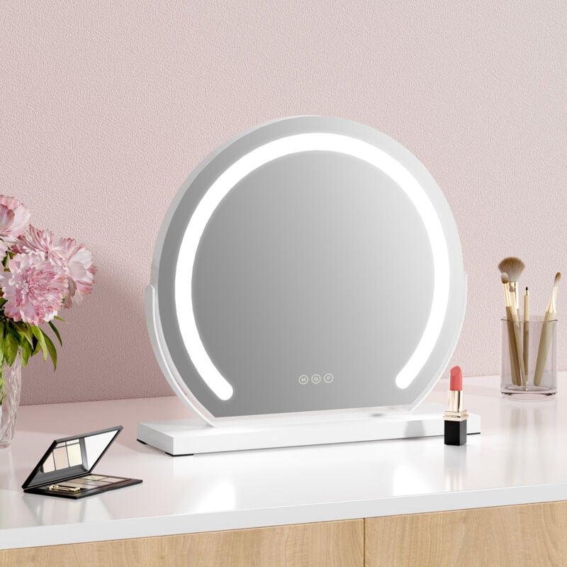 Miroir de maquillage rond avec éclairage led et interrupteur tactile, 3 couleurs de lumière, fonction mémoire réglable, cadre blanc, Φ40cm