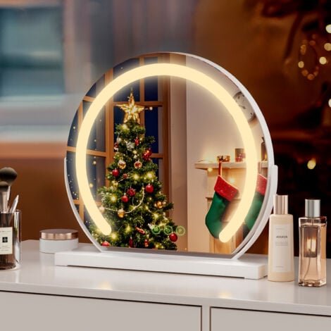 S'AFIELINA Miroir de maquillage rond avec éclairage LED et interrupteur tactile, 3 couleurs de lumière, fonction mémoire réglable, cadre blanc, Φ40cm