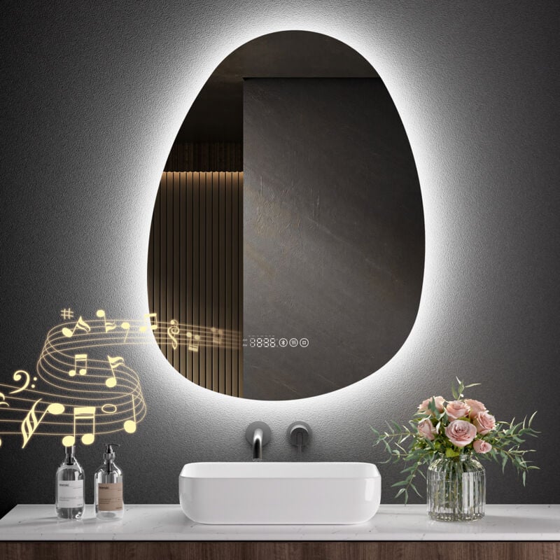S'afielina - Miroir de Salle de Bain avec Éclairage Asymétrique 60 x 45 cm, 3 Couleurs de Lumière Réglables, Antibuée, Bluetooth, Horloge, Température