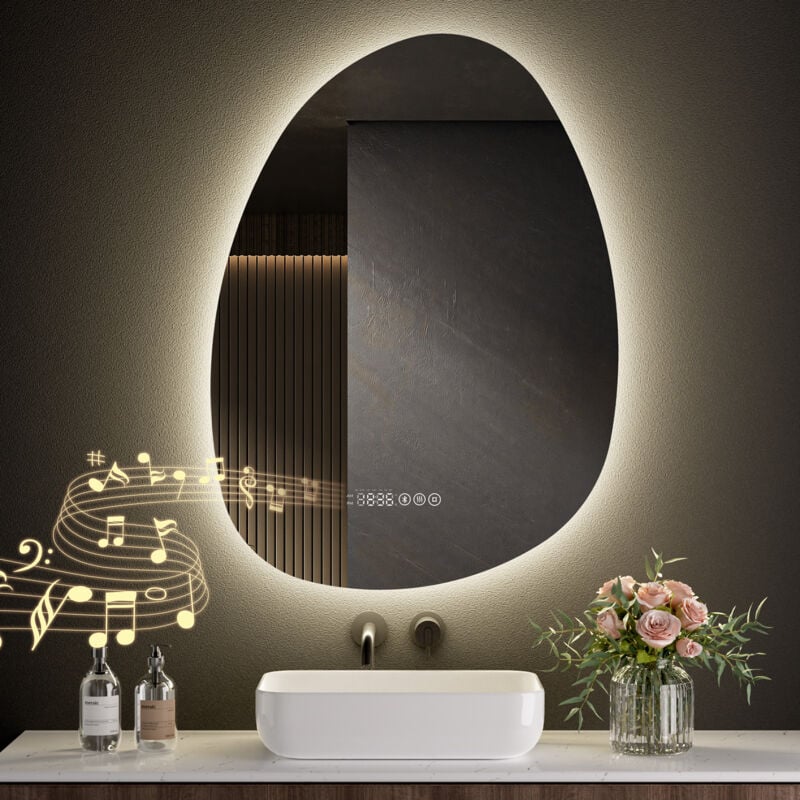 S'afielina - Miroir de Salle de Bain avec Éclairage Asymétrique 85 x 50 cm, 3 Couleurs de Lumière Réglables, Antibuée, Bluetooth, Horloge, Température