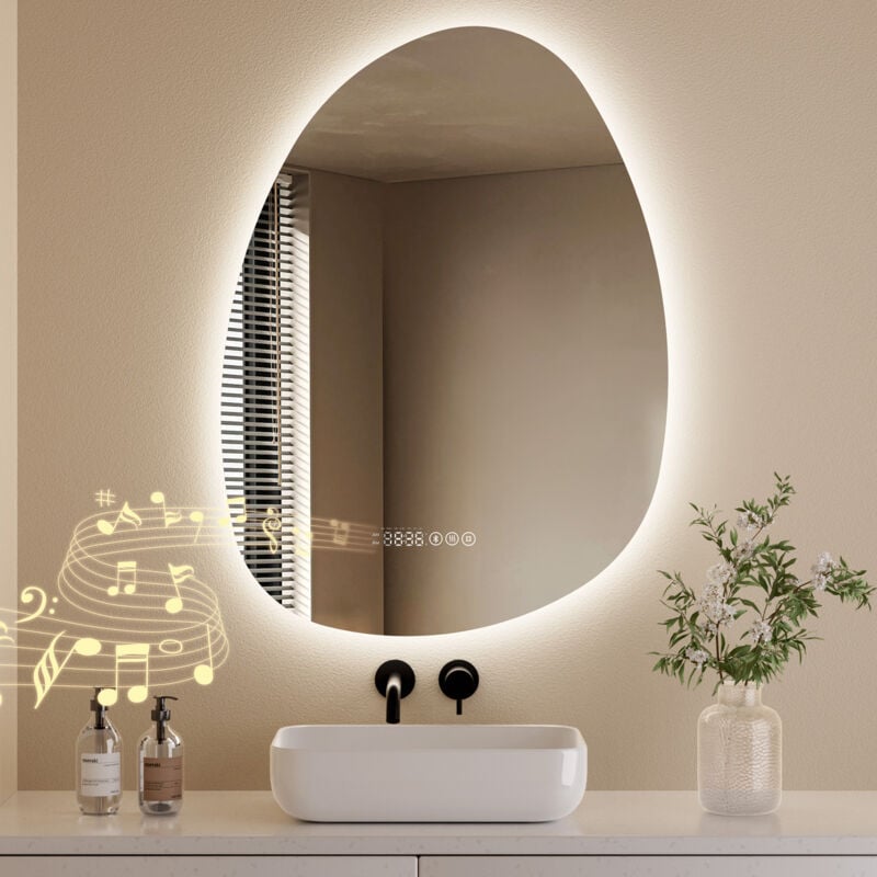 S'AFIELINA Miroir de Salle de Bain avec Éclairage Asymétrique 75 x 55 cm, 3 Couleurs de Lumière Réglables, Antibuée, Bluetooth, Horloge, Température