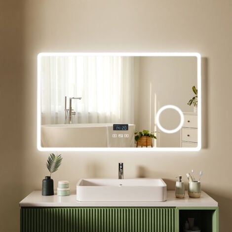 S'AFIELINA Miroir de salle de bain avec interrupteur tactile+anti-buée+horloge+Bluetooth+3 couleurs de lumière 100 x 60cm