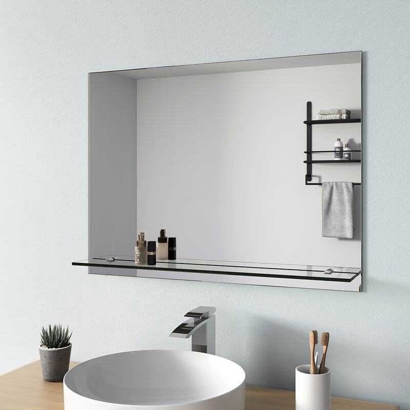 S'Afielina – Miroir de salle de bain 80 x 60 cm – Verre cristal durable sans bronze – Étagère en verre trempé 8 mm – Classe IP44 étanche