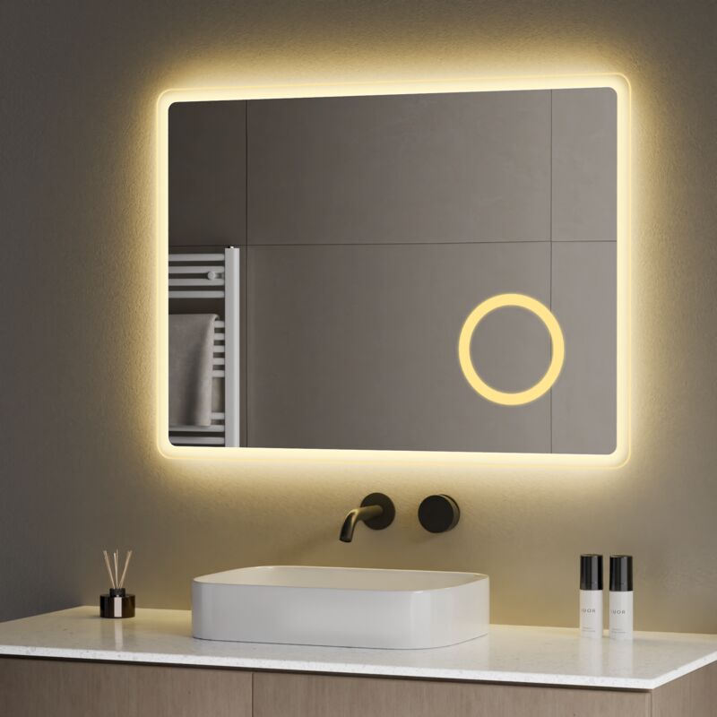 S'AFIELINA Miroir de salle de bain LED rectangulaire grossissement 3x éclairage blanc froid et chaud antibuée 800×600mm
