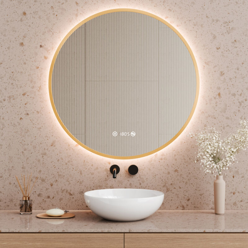 S'AFIELINA Miroir de salle de bain LED rond éclairé 80 cm avec interrupteur à bouton tactile,Anti-buée,Lumière blanche neutre,Horloge numérique,IP44