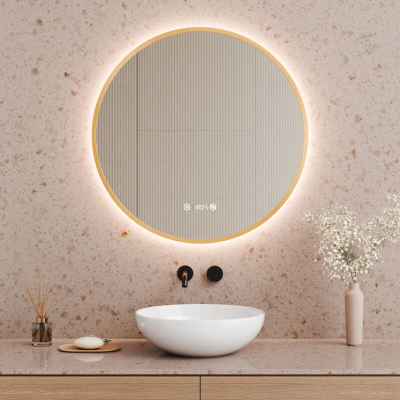 S'AFIELINA Miroir de salle de bain LED rond éclairé 70 cm avec interrupteur à bouton tactile,Anti-buée,Lumière blanche neutre,Horloge numérique,IP44
