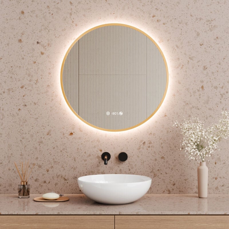 S'AFIELINA Miroir de salle de bain LED rond éclairé 60 cm avec interrupteur à bouton tactile,Anti-buée,Lumière blanche neutre,Horloge numérique,IP44