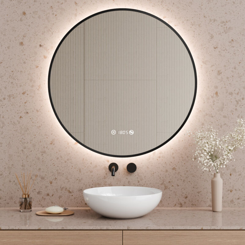 S'AFIELINA Miroir de salle de bain LED rond éclairé 80 cm avec interrupteur à bouton tactile,Anti-buée,Lumière blanche neutre,Horloge numérique,IP44