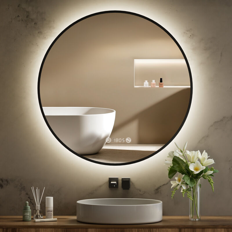 S'AFIELINA Miroir de salle de bain LED rond éclairé 70 cm avec interrupteur à bouton tactile,Anti-buée,Lumière blanche neutre,Horloge numérique,IP44