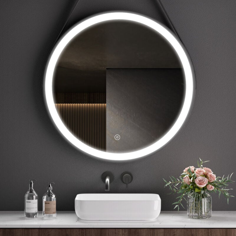 S'AFIELINA Miroir de salle de bain LED Rond Miroir Cadre Noir Miroir Mural Miroir Lumineux 70 cm avec Interrupteur Tactile Blanc Froid 6500K