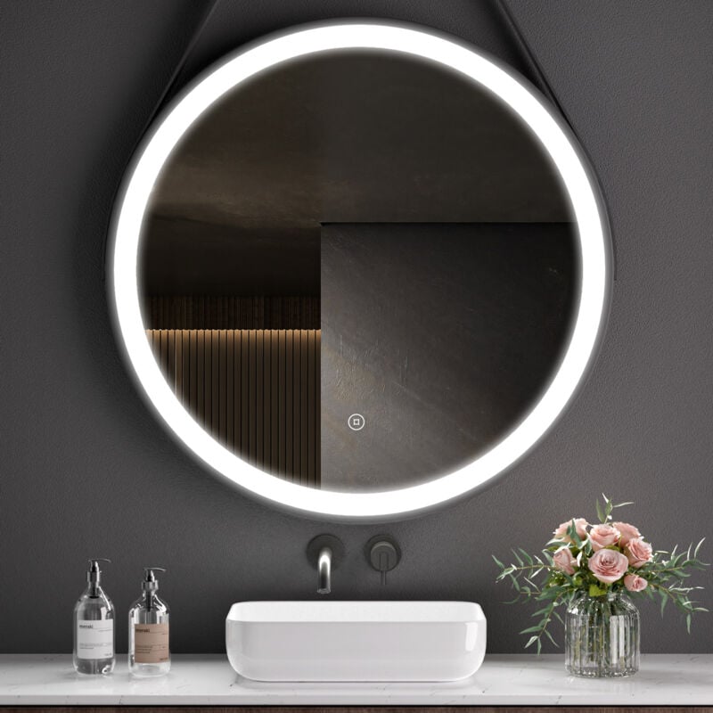 S'AFIELINA Miroir de salle de bain LED Rond Miroir Cadre Noir Miroir Mural Miroir Lumineux 80 cm avec Interrupteur Tactile Blanc Froid 6500K