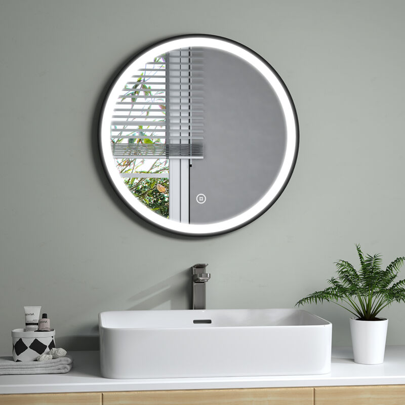 S'AFIELINA Miroir de salle de bain LED Rond Miroir Cadre Noir Miroir Mural Miroir Lumineux 60 cm avec Interrupteur Tactile Blanc Froid 6500K