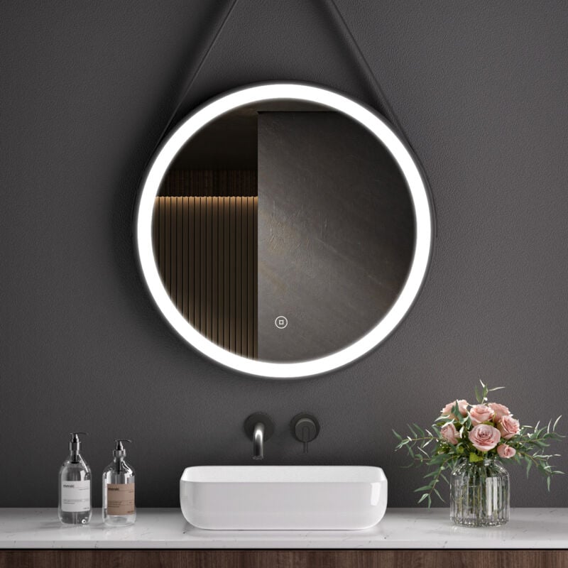 S'AFIELINA Miroir de salle de bain LED Rond Miroir Cadre Noir Miroir Mural Miroir Lumineux 50 cm avec Interrupteur Tactile Blanc Froid 6500K