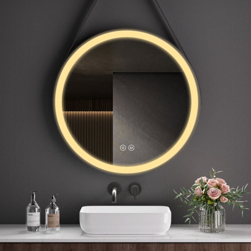 S'AFIELINA Miroir de salle de bain LED Rond Miroir Cadre Noir Miroir Mural Suspendu Miroir Lumineux 60 cm avec Interrupteur Tactile 3 Couleurs de