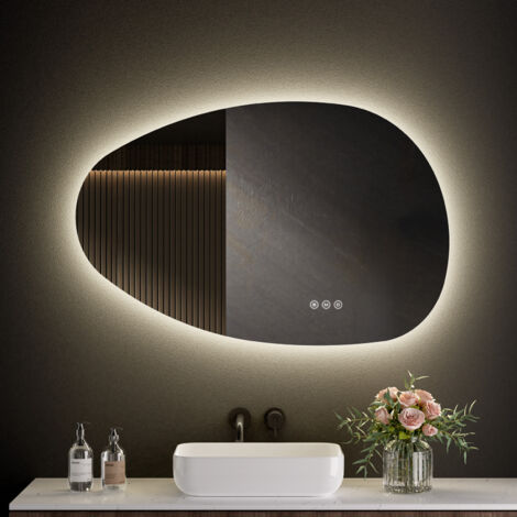 S'Afielina – Miroir lumineux de salle de bain asymétrique 85×50cm – Interrupteur tactile – 3 couleurs de lumière – Luminosité réglable – Anti-buée