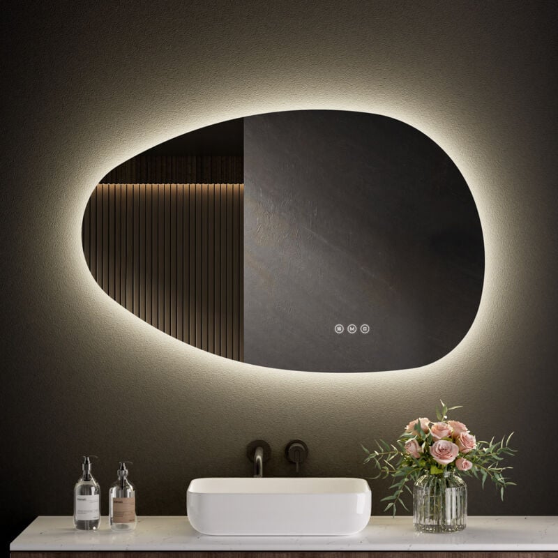 Miroir lumineux de salle de bain avec interrupteur tactile, 3 couleurs de lumière et luminosité réglable, anti-buée - asymétrique 85×50cm - S'afielina