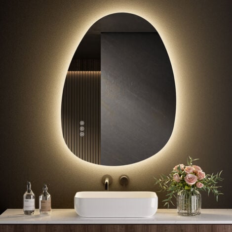 S'AFIELINA Miroir lumineux de salle de bain avec interrupteur tactile, 3 couleurs de lumière et luminosité réglable, anti-buée - asymétrique 60×45cm