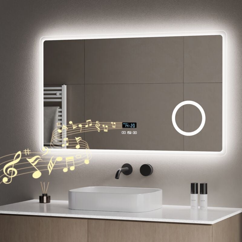 S'afielina - Miroir lumineux de salle de bain 100 x 60 cm led Bluetooth Miroir avec éclairage Miroir Mural 3x Grossissement avec Interrupteur