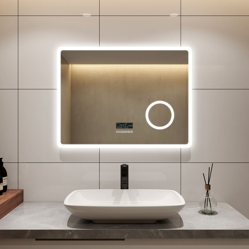 S'AFIELINA Miroir lumineux de salle de bain LED Miroir lumineux à économie d'énergie 80 x 60 cm avec Interrupteur Tactile,Blanc Froid