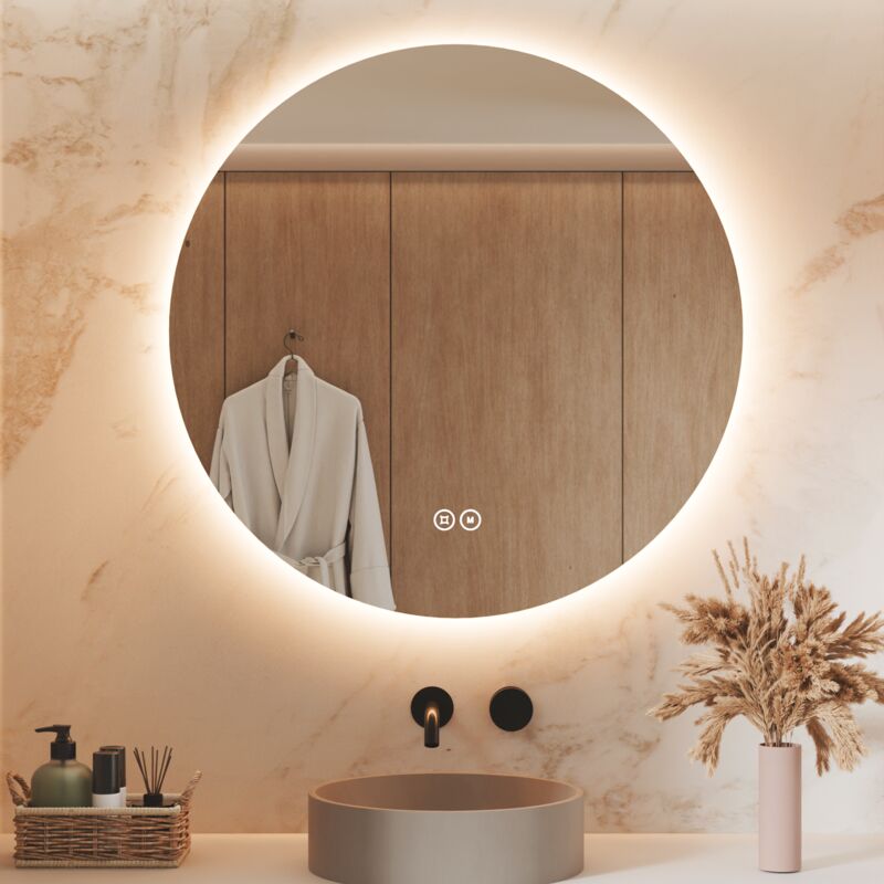 S'afielina - Miroir lumineux de salle de bain led Miroir Rond Miroir Mural avec Interrupteur Tactile,3 Couleurs de lumière 3000/4000/6500K,∅80 cm