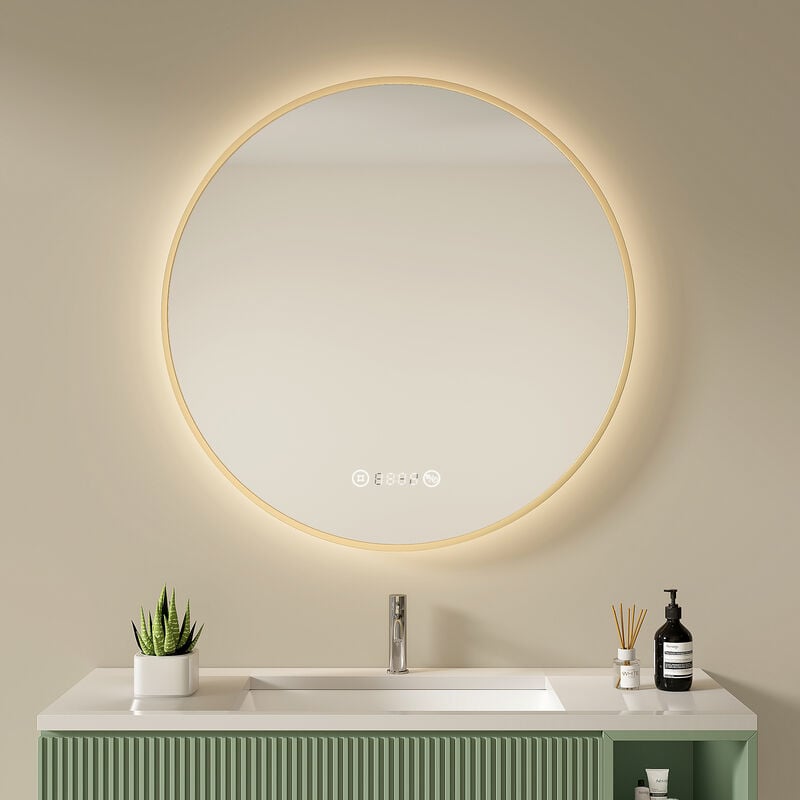 S'afielina - Miroir lumineux de salle de bain led rond éclairé avec interrupteur à bouton tactile Anti-buée Lumière blanche neutre Horloge numérique