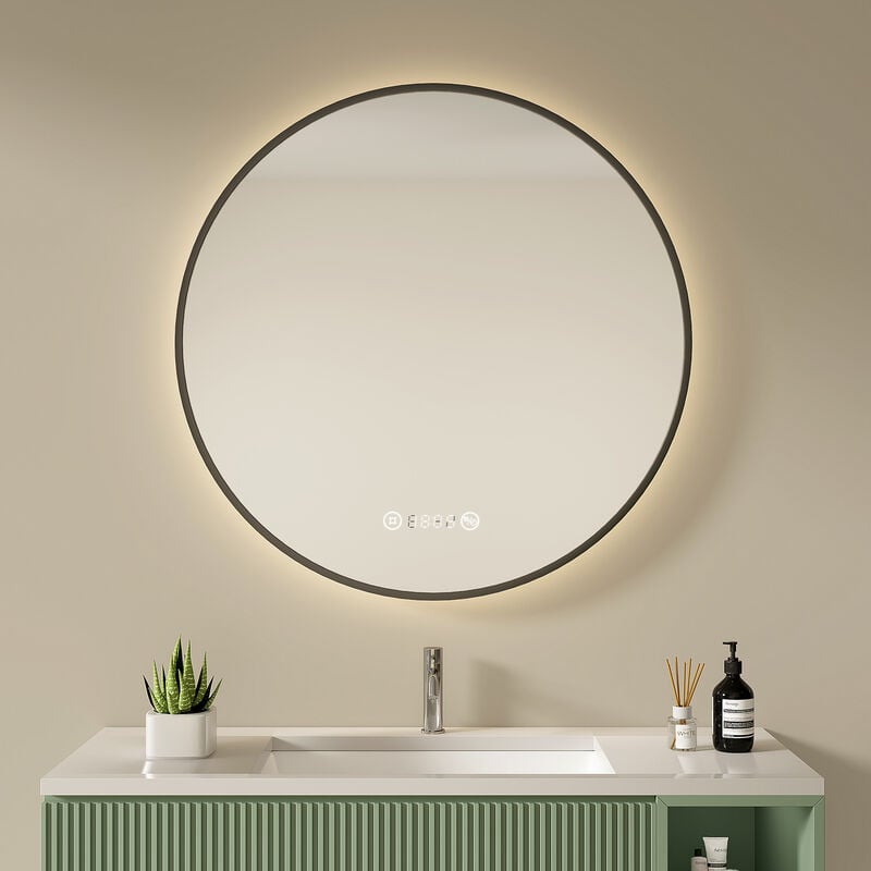 S'AFIELINA Miroir lumineux de salle de bain LED rond éclairé avec interrupteur à bouton tactile Anti-buée Lumière blanche neutre Horloge numérique
