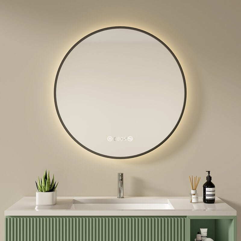S'AFIELINA Miroir lumineux de salle de bain LED rond éclairé avec interrupteur à bouton tactile Anti-buée Lumière blanche neutre Horloge numérique