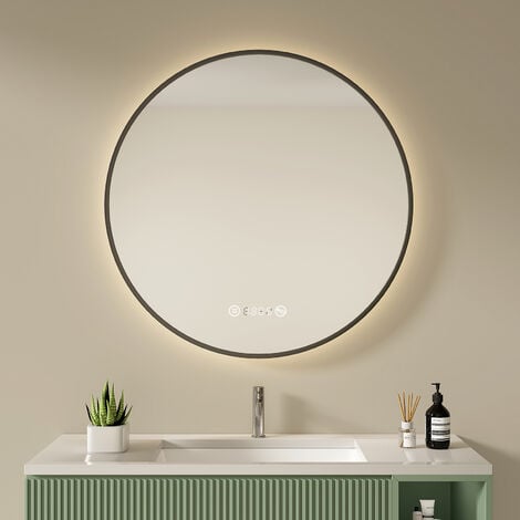 S'AFIELINA Miroir lumineux de salle de bain LED rond éclairé avec interrupteur à bouton tactile Anti-buée Lumière blanche neutre Horloge numérique IP44 (Cadre en métal noir) 80 cm