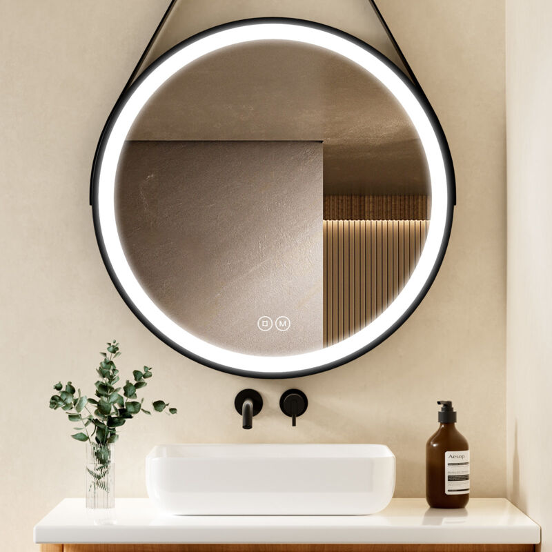 S'afielina - Luminaire à éclipse Miroir lumineux de salle de bain led Rond Miroir Cadre Noir Miroir Mural Miroir Lumineux avec Interrupteur Tactile,3