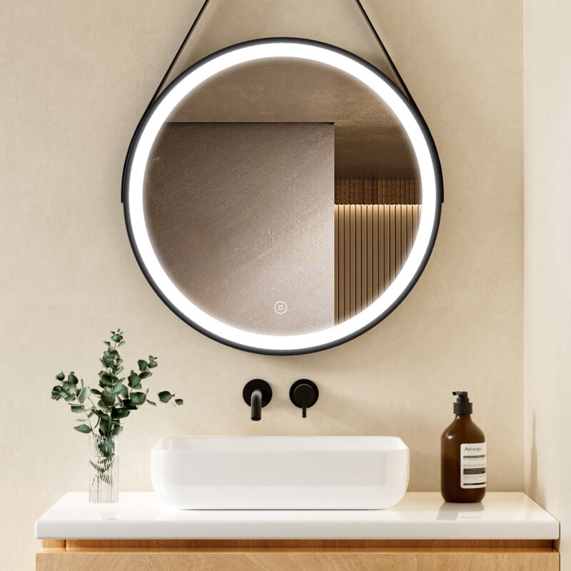 S'afielina - Luminaire à éclipse Miroir lumineux de salle de bain led Rond Miroir Cadre Noir Miroir Mural Miroir Lumineux avec Interrupteur
