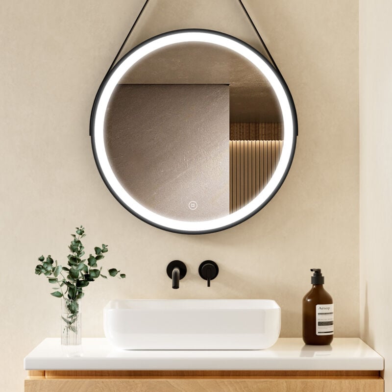 S'afielina - Luminaire à éclipse Miroir lumineux de salle de bain led Rond Miroir Cadre Noir Miroir Mural Miroir Lumineux avec Interrupteur