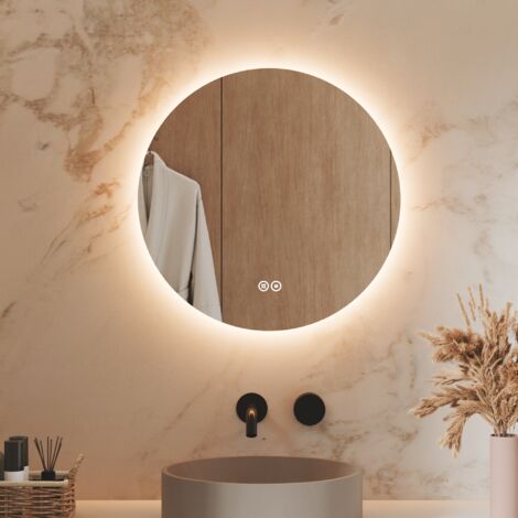 S'Afielina – Miroir lumineux de salle de bain rond 50 cm – Interrupteur tactile – 3 couleurs LED 3000/4000/6500K – IP44 étanche