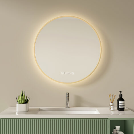 S'Afielina – Miroir lumineux de salle de bain rond 60 cm – Éclairage LED blanc neutre 4300K – Fonction anti-buée – Horloge numérique IP44 – Cadre métal doré