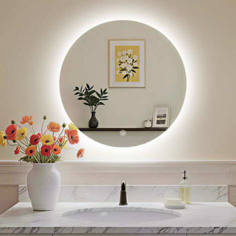 S'Afielina – Miroir lumineux de salle de bain rond 60cm – Interrupteur tactile – Éclairage LED 6500K – Étanche IP44 – Cadre en aluminium