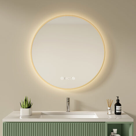 S'Afielina – Miroir lumineux de salle de bain rond 70 cm – Éclairage LED blanc neutre 4300K – Fonction anti-buée – IP44 – Cadre en métal doré