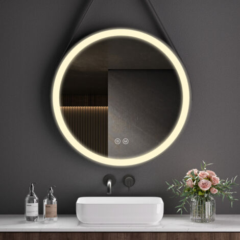 S'Afielina – Miroir lumineux de salle de bain rond 70 cm – Interrupteur tactile – 3 couleurs de lumière 3000/4000/6500K – Étanche IP44