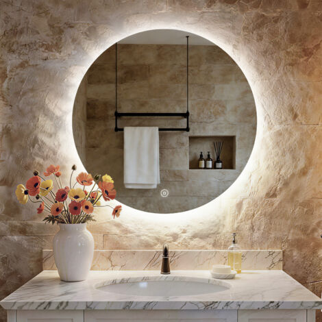 S'Afielina – Miroir lumineux de salle de bain rond 70cm – Interrupteur tactile – Éclairage LED 6500K – Étanche IP44 – Cadre en aluminium