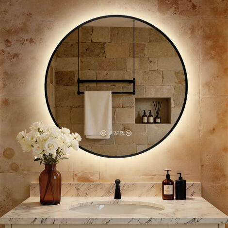S'Afielina – Miroir lumineux de salle de bain rond 80 cm – Éclairage LED blanc neutre – Interrupteur tactile – Anti-buée – IP44 cadre métal noir