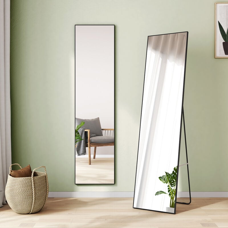 S'AFIELINA Miroir Sur Pied 160 x 40 cm(Cadre Noir) Miroir Pleine Longueur Cadre Métal Noir HD Miroir Mural à accrocher suspendu Vertical Grand Miroir