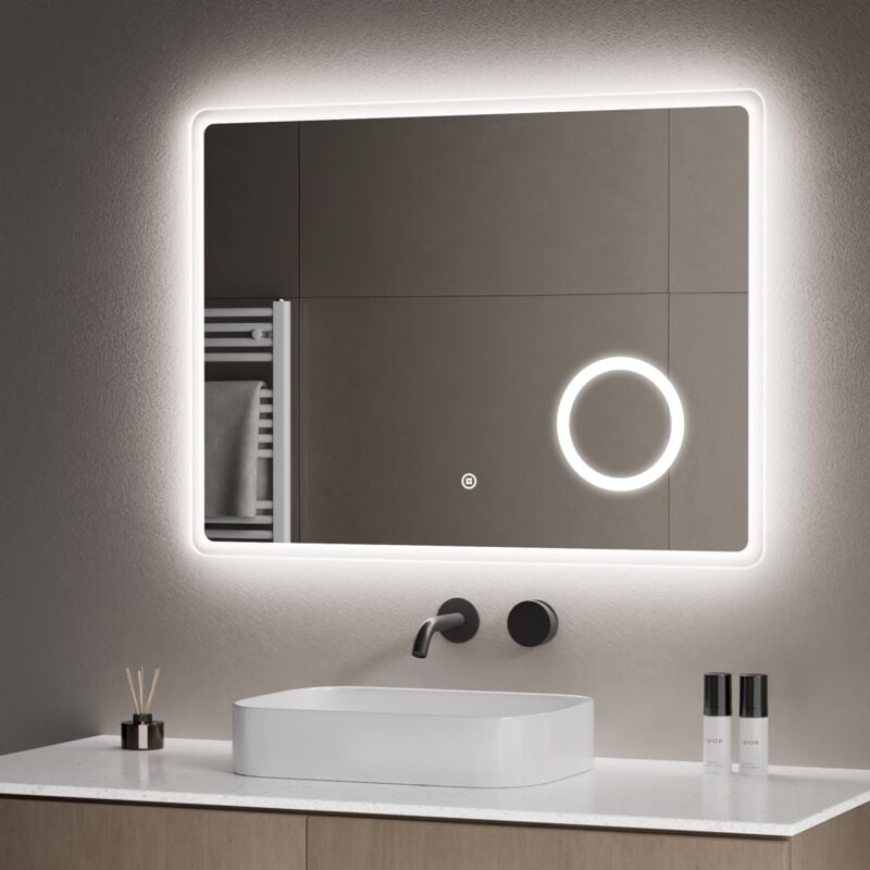 S'AFIELINA Miroir salle de bain LED Grossissement 3x Miroir lumineux à économie d'énergie 80 x 60 cm avec Interrupteur