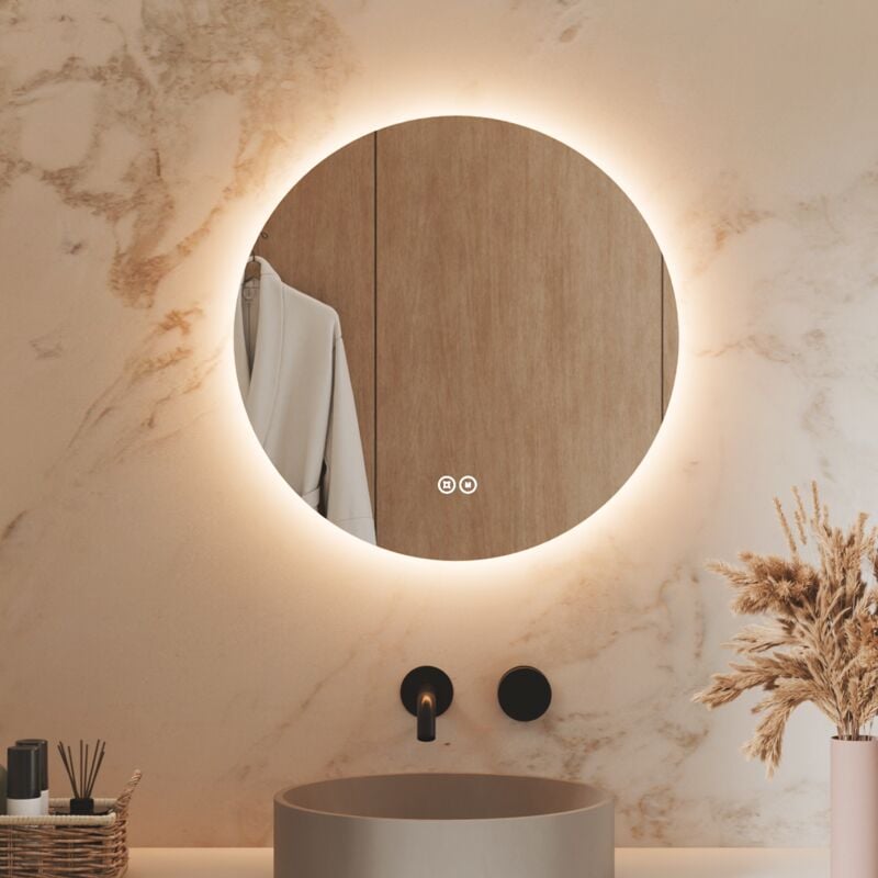 S'AFIELINA Miroir salle de bain miroir lumineux LED Miroir Rond Miroir Mural Diamètre 50cm avec Interrupteur Tactile 3 Couleurs de lumière