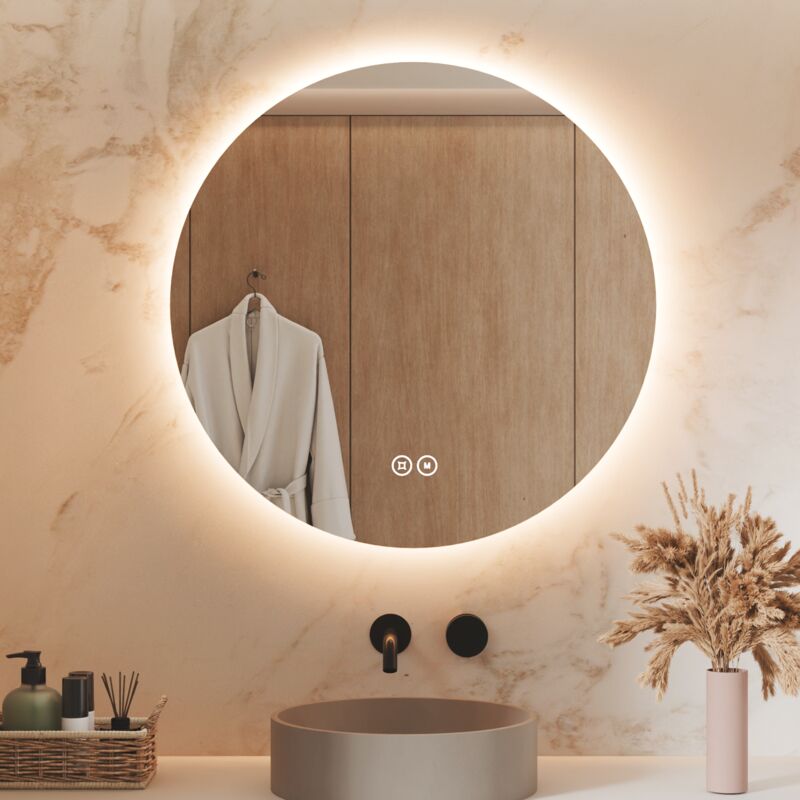 S'AFIELINA Miroir salle de bain miroir lumineux LED Miroir Rond Miroir Mural Diamètre 60cm avec Interrupteur Tactile 3 Couleurs de lumière