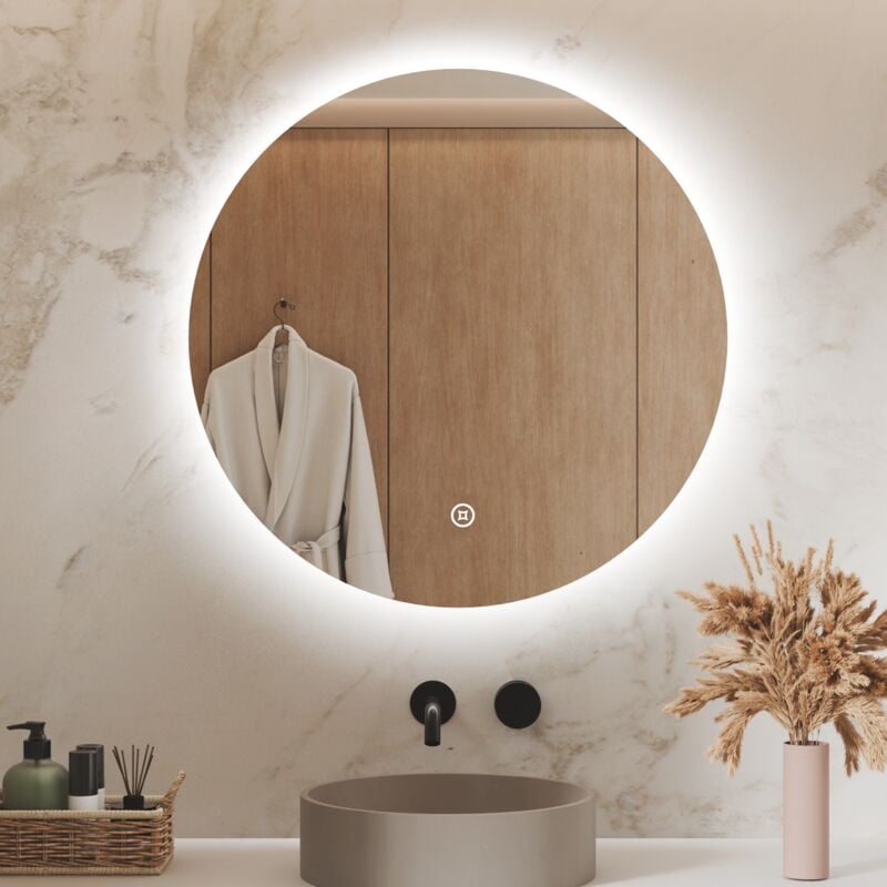 Miroir salle de bain miroir lumineux led Miroir Rond Miroir Mural avec Interrupteur Tactile Blanc Froid 6500K 70cm - S'afielina