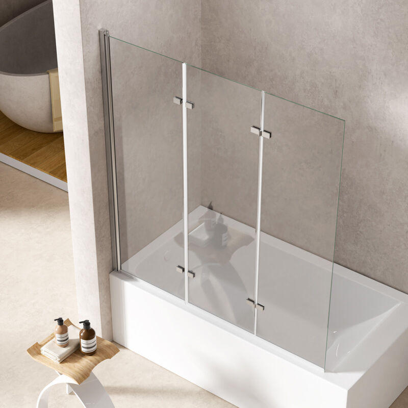 S'AFIELINA Pare-baignoire relevable en verre de sécurité trempé (ESG) de 6 mm, paroi de baignoire à 3 volets en verre transparent, profilé en