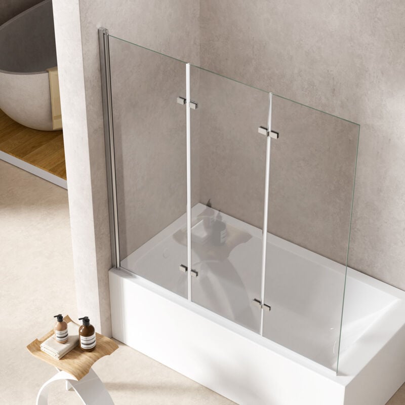 S'AFIELINA Pare-baignoire relevable en verre de sécurité trempé (ESG) de 6 mm, paroi de baignoire à 3 volets en verre transparent, profilé en
