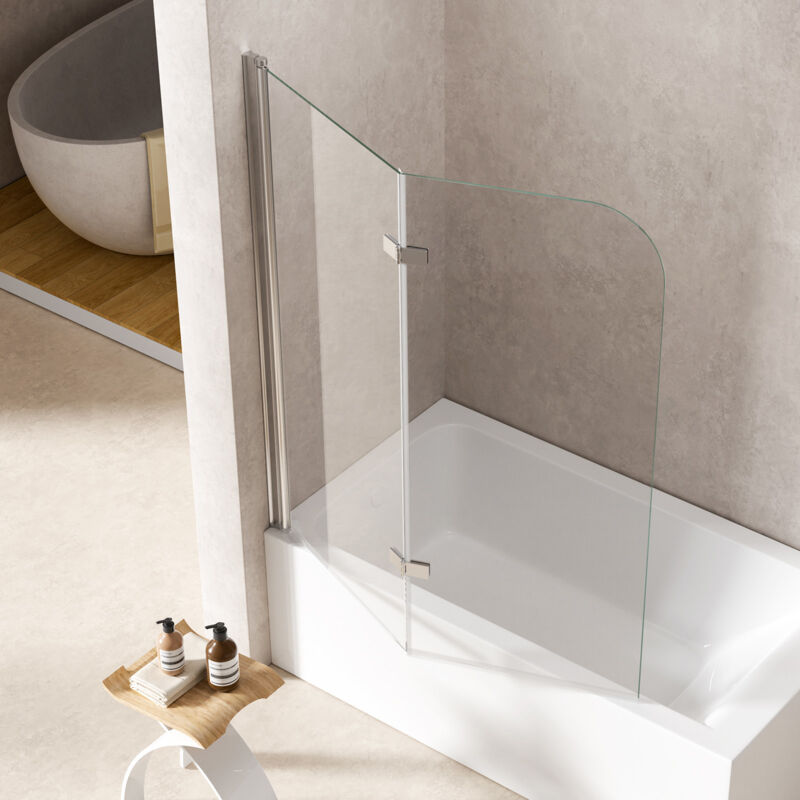 S'AFIELINA Pare-baignoire rabattable,Verre de sécurité ESG de 6 mm,Paroi de baignoire2 volet ,Verre transparent, Profilé alu argenté,120 x 140 cm
