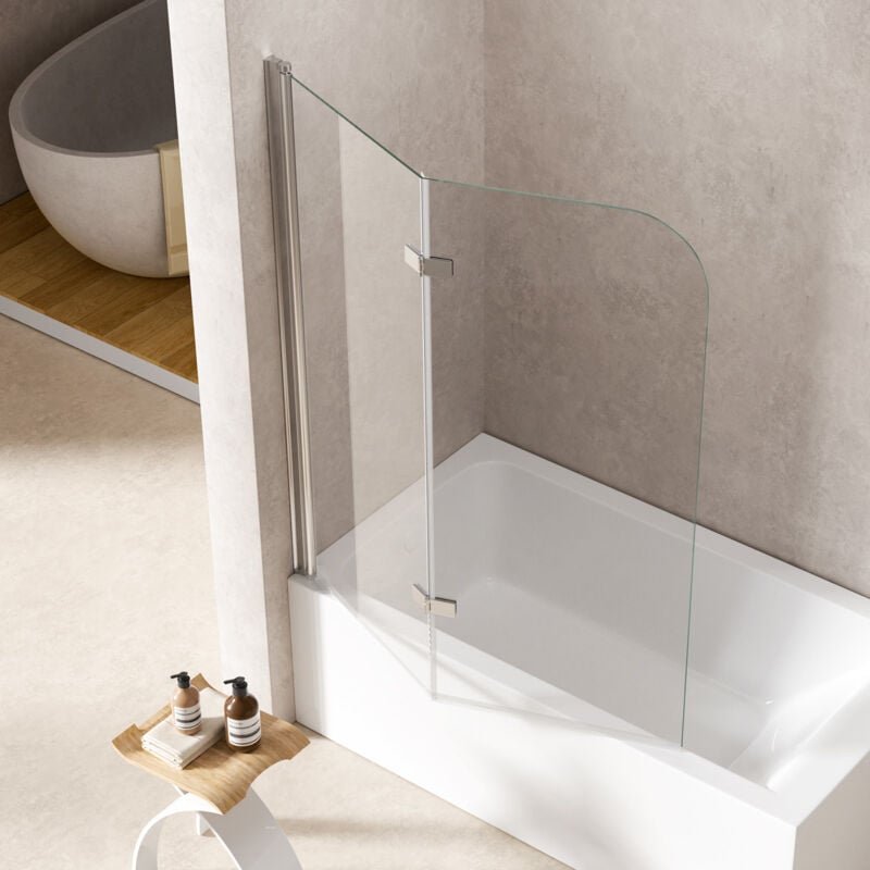 S'AFIELINA Pare-baignoire rabattable,Verre de sécurité ESG de 6 mm,Paroi de baignoire 2 volet ,Verre transparent, Profilé alu argenté,110 x 140 cm