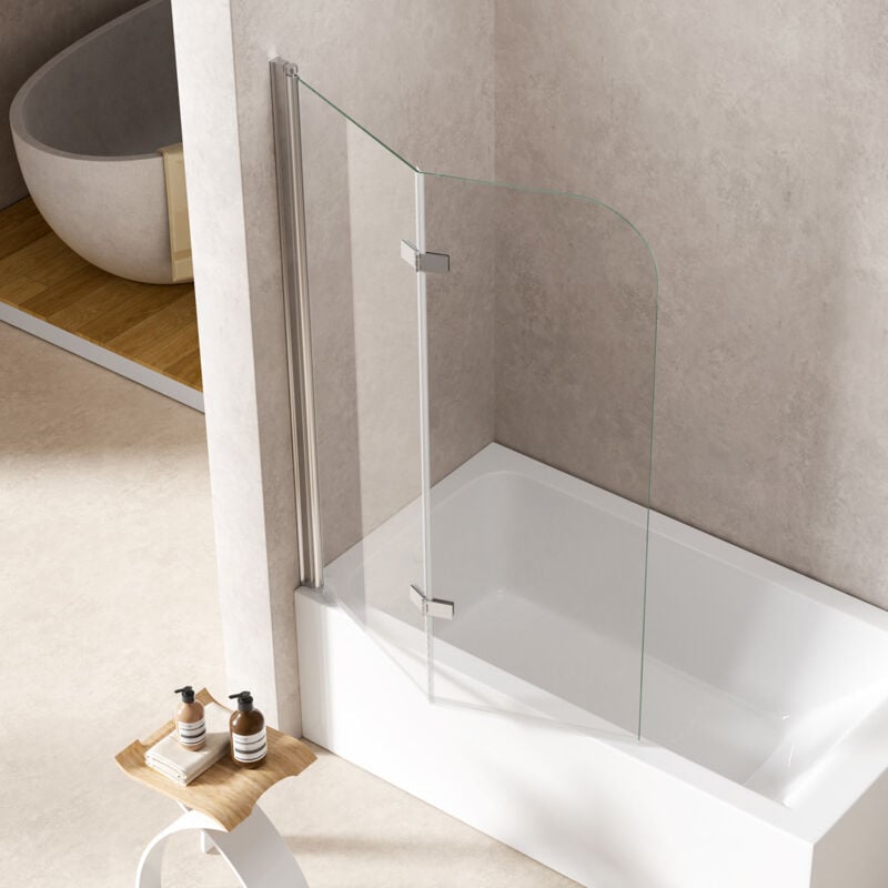 S'AFIELINA Pare-baignoire rabattable,Verre de sécurité ESG de 6 mm,Paroi de baignoire 2 volet ,Verre transparent, Profilé alu argenté,100 x 140 cm